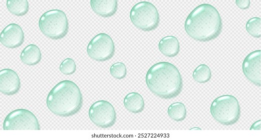 Mint serum drops, transparent gel droplets, realistic glossy liquid, moisturizing cosmetic product, hyaluronic acid or fresh gel toothpaste concept. Vector illustration.