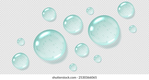 Mint serum drops, transparent gel droplets, realistic glossy liquid, moisturizing cosmetic product, hyaluronic acid or fresh gel toothpaste concept. Vector illustration.