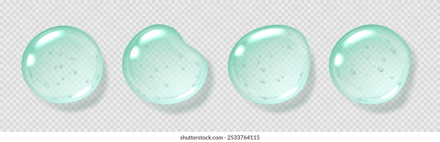 Mint serum drops, transparent gel droplets, realistic glossy liquid, moisturizing cosmetic product, hyaluronic acid or fresh gel toothpaste concept. Vector illustration.