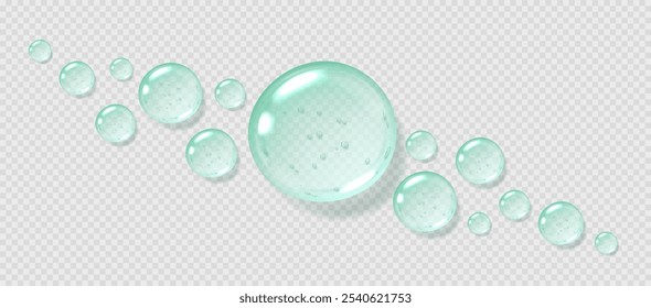 Mint serum drops, transparent gel droplets, realistic glossy liquid, moisturizing cosmetic product, hyaluronic acid or fresh gel toothpaste concept. Vector illustration.