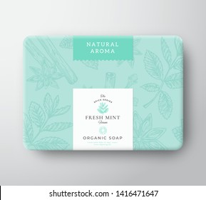 Mint Soap Cardboard Box. Abstract Vector Wrapped Paper Container with Label Cover. Packaging Design. Modern Typography and Hand Drawn Spices Background Pattern Layout. Isolated.
