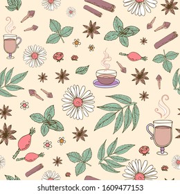 mint and spicy seasonings seamless pattern anise anise cinnamon clove rosehip rose raspberry leaves. Herbal tea with chamomile, mulled wine. Vector stock illustration hand-drawn on a yellow background