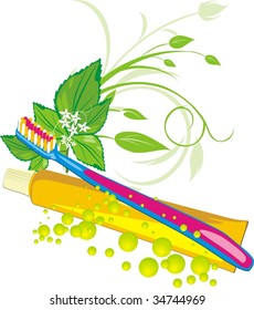 Mint sprig, drops, tooth brush and paste. Vector
