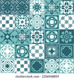 Mint square seamless pattern, Azulejo talavera spanish tiles, contrast vintage ornate decoration, vector illustration