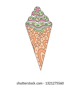 Mint strawberry ice cream with crispy waffle. Multi-colored hand draw vector illustration. Summer dessert.