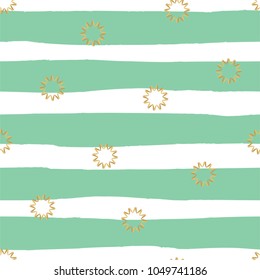 Mint striped seamless pattern with gold elements. Vector.