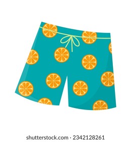 Minz-Badehose mit orangefarbenem Muster, Vektorgrafik. Cartoon Zeichnung von Badebekleidung von Männern mit Ornamenten auf weißem Hintergrund. Sommer, Urlaub, Mode-Konzept