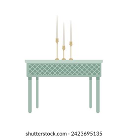Mint table with candles. Furniture. Icon. Sign. Simple. Flat art. Design. Decor. White background. Vector texture.