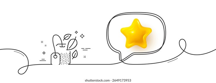 Mint Tea bag line icon. Continuous line with 3d star. Fresh herbal beverage sign. Mentha leaves symbol. 3d star in speech bubble. Mint bag single line ribbon. Loop curve pattern. Vector