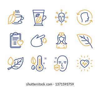 Mint tea, Blood donation and Face biometrics icons simple set. Hospital nurse, Uv protection and Face id signs. Patient history, Leaf dew and Leaf symbols. Line mint tea icon. Colorful set. Vector