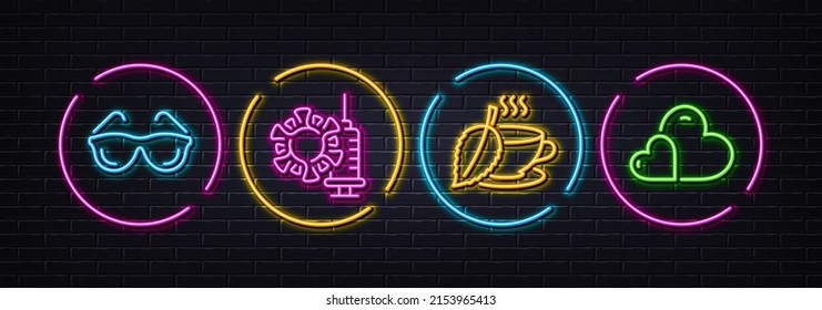 Mint tea, Coronavirus vaccine and Eyeglasses minimal line icons. Neon laser 3d lights. Care icons. For web, application, printing. Mentha beverage, Covid protection, Optometry. Share love. Vector