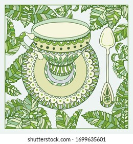 Mint Tea cup saucer spoon doodle hand drawn graphics vector