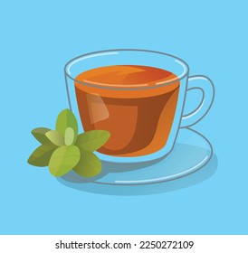Té de menta en vaso de vidrio aislado en fondo azul. Rama y hojas de menta fresca. Ilustración vectorial en caricatura simple de estilo plano.