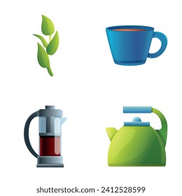 Mint tea icons set cartoon vector. Mint tea with teapot, cup and leaf. Healthy drink