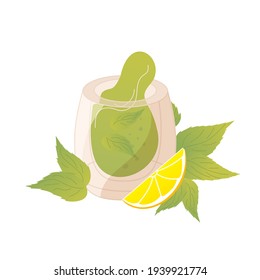 Mint tea with lemon in glass with double bottom, healing herbal drink in cartoon style. Vector illustration