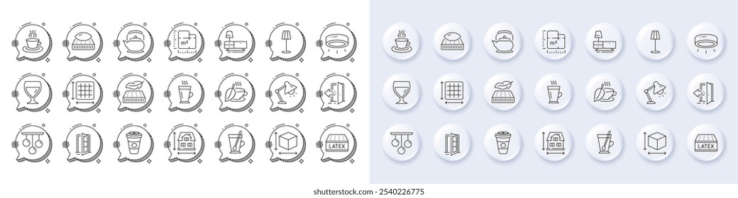 Chá de menta, colchão leve e ícones de linha de entrada. Botões 3d de pino branco, ícones de bolhas de chat. Pacote de colchão de látex, planta de piso, ícone de café Takeaway. Vetor