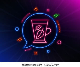 Mint Tea line icon. Neon laser lights. Fresh herbal beverage sign. Mentha leaves symbol. Glow laser speech bubble. Neon lights chat bubble. Banner badge with mint leaves icon. Vector