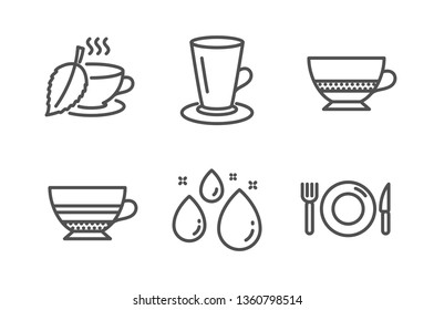 Mint tea, Water drop and Mocha icons simple set. Bombon coffee, Teacup and Food signs. Mentha beverage, Aqua. Food and drink set. Line mint tea icon. Editable stroke. Vector