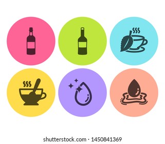 Mint tea, Wine and Tea cup icons simple set. Water drop, Brandy bottle and Water splash signs. Mentha beverage, Merlot bottle. Food and drink set. Flat mint tea icon. Circle button. Vector