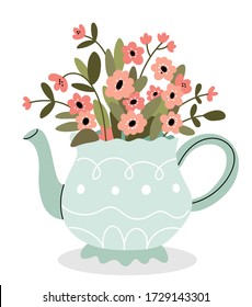 Mint teapot with pink flowers.Cute teapot with bouquet of flowers. Spring flowers.Perfect for greetings, cards, posters, congratulations, tea shop or store.