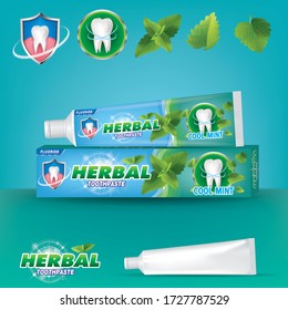 Mint toothpaste ads. Tooth model and product package design for dental care poster or advertising. 3d Vector illustration.