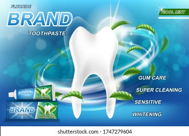 Mint toothpaste concept ads, isolated on blue. Tooth model and product package design for toothpaste poster or advertising. 3d Vector illustration.