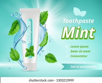 Mint toothpaste. Dent protection oral care advertizing placard vector realistic template