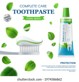 Mint toothpaste, dental care vector design with realistic 3d toothbrush, squeeze and tube of toothpaste, health white tooth and fresh green leaves of mint plant. Advertising or promotion poster