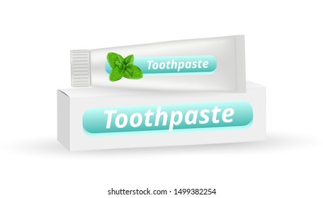 Mint toothpaste. Realistic white box packaging and vector toothpaste tube isolated on white background