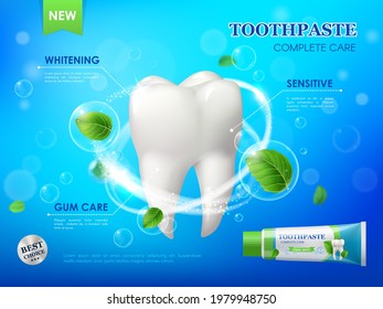 Mint toothpaste, teeth whitening, gum care and cleaning vector ad poster with white healthy tooth, spearmint leaves and tube with paste. Dental care product, sensitive plaque protection and repair