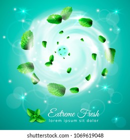 Mint tornado vortex realistic set composition with spiral of fresh green leaves text and glowing particles vector illustration