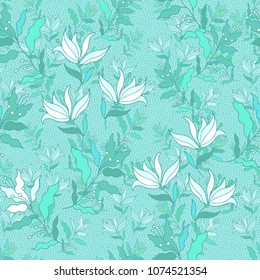 Mint - turquoise seamless vector floral pattern with white lily flowers