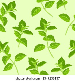 Mint twig on green background seamless pattern.  Vector illustration of herbs in cartoon simple flat style.