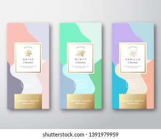 Mint, Vanilla and Anise Chocolate Labels Set. Abstract Vector Packaging Design Layout with Soft Realistic Shadows. Modern Typography, Hand Drawn Spices Silhouettes and Colorful Background. Isolated.