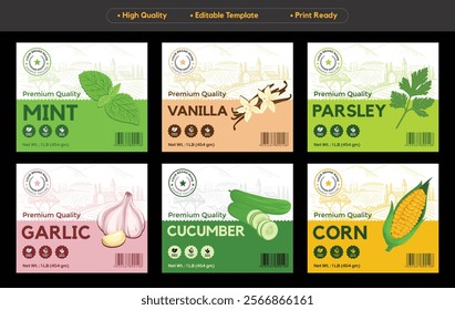 Mint Vanilla Garlic label Cucumber Corn packaging Set design template design spice vegetable herbs food premium quality print ready editable vector packaging design layout collection