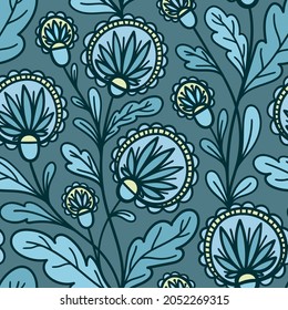 MINT VECTOR SEAMLESS BACKGROUND WITH WEAVING BLUE ROUND FLOWERS