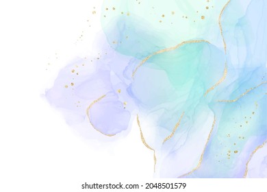 Mint  violet   turquoise liquid watercolor background and golden glitter brushstrokes   lines  Elegant fluid marble alcohol ink drawing effect and golden stains  Vector illustration for wedding 