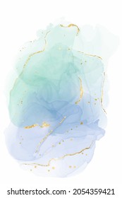 Mint, violet and turquoise liquid watercolor background with golden glitter brushstrokes and lines. Elegant fluid marble alcohol ink drawing effect with golden stains. Vector illustration for wedding.