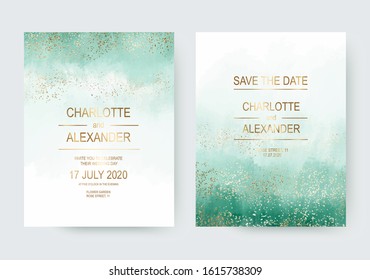 Mint Watercolor Wedding Invitation Design Cards With Gold Dust Confetti.