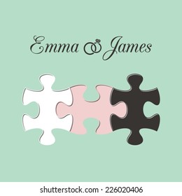 Mint wedding invitation with three joined puzzle pieces