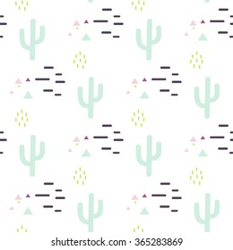 Mint and white cactus desert seamless pattern. Cacti and lines tribal boho background. Fabric print design. Succulent textile surface.