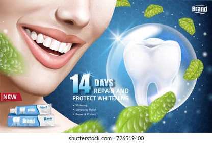 Mint whitening toothpaste ads, floating mint leaves with a toothy smile woman and sparkling tooth, 3d illustration
