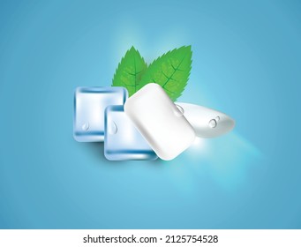 Mint, Xylitol Gum, Ice Cubes, And Mint Leaves Vector Design 