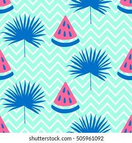 Mint  Zig Zag Seamless Pattern With Watermelon And Bright Blue 
Hawaii Tropical Leaves, Trendy Fashion Textile Print, Vector Design. Retro 80s Style