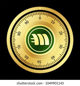 Mintcoin (MINT) cryptocurrency safe lock. Eps10 vector illustration isolated on black background.