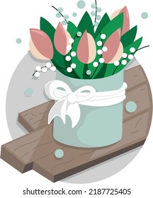 Mint-colored gift box with flowers decorated with a bow. Flat vector illustration.