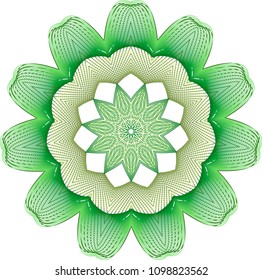 Minted green nested guilloche star rosettes with striped lines and moire effect.