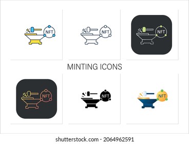 Minting icons set. Tokenizes digital asset on blockchain. Minting cryptocurrency. Digitalization concept. Collection of icons in linear, filled, color styles.Isolated vector illustrations