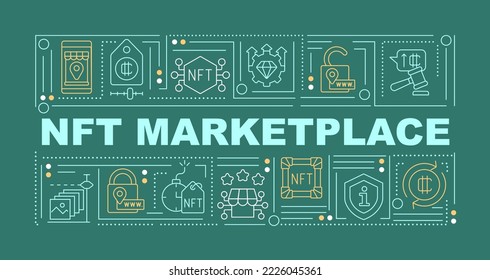 Minting NFTs word concepts dark green banner. Converting files. Infographics with editable icons on color background. Isolated typography. Vector illustration with text. Arial-Black font used