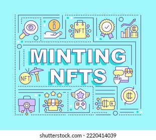 Minting NFTs word concepts turquoise banner. Converting files. Infographics with editable icons on color background. Isolated typography. Vector illustration with text. Arial-Black font used